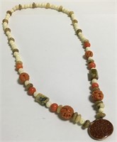 Carved Bone & Coral Carved Bead Necklace