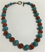 Sterling Silver, Coral & Turquoise Necklace