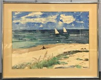 Signed Mary Stoltz Watercolor Beach Scene