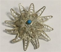 Sterling Silver Filigree Pin With Turquoise
