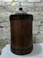Antique 5 GAL Wood-banded tin jug. These