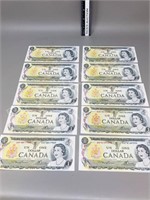 10 Canadian 1973 dollar bills