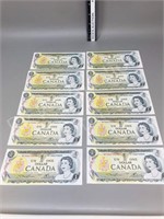 10 Canadian 1973 dollar bills