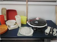 George Foreman grill, electric knife & tupperware