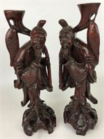 Carved Wood Asian Fisherman Sculptures