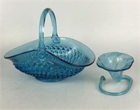 Blue Glass Basket & Cornucopia Vase