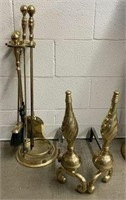 Brass Fireplace Tools & Pair of Andirons