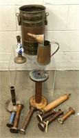 Vintage Wood Spools, Copper Oil Can & More