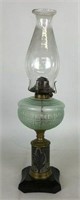 Vaseline Glass Oil Lamp with Brass Accents