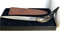 Damascus Ram Horn Handled Hunting Knife and
