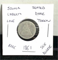 Rare 1861 Silver seated liberty dime love token