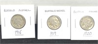 1916, 1919, 1920 buffalo nickels