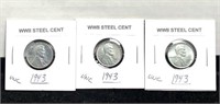 Three uncirculated 1943 steel pennies
