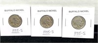 Three 1935 S San Francisco mint buffalo nickels