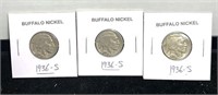 Three 1936 s  San Francisco mint buffalo nickels