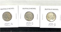 Three 1937S San Francisco mint buffalo nickels