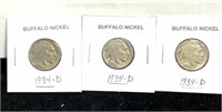 Three 1934 d Denver mint buffalo nickels