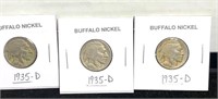 Three 1935D Denver mint  buffalo nickels