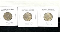 Three 1936D Denver mint buffalo nickels