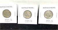 Three 1937D Denver mint  buffalo nickels