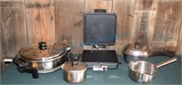Antique waffle iron, pots, pans