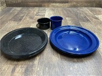 Black and Blue Enamel Plates and Mugs - (4) Black