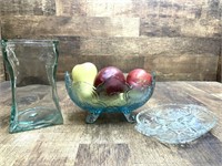 Footed Glass Fruit Bowl with Faux Fruit 9.5”,