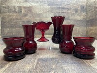Fenton Red Glass Compote and Vases 7” and Smaller