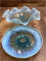 (2) Opalescent Blue Glass Dishes 8” and 9.5”