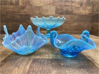 Opalescent Blue Glass Bowls and Compote (compote