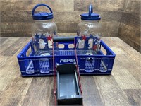 Plastic Pepsi Crate, (2) Drink Dispensers, and