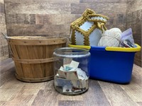 Bushel Basket, Jar, and Tote of Buttons, Thread,