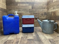 Watering Can, Water Jug, and Small Coolers