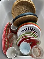Plastic Plates, Cups, and Wicker Plate Holders