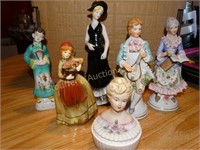 Porcelain figurines tallest is 9" & trinket dish