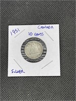 1951 Canadian Silver 10 Cents Coin