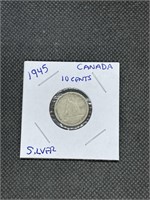 1945 Canadian SILVER 10 Cents Coin