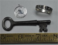 Silver ring & charm,  skeleton key