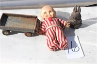 VINTAGE DOLL, OLD TOY FARM WAGON, VERY OLD RABBIT