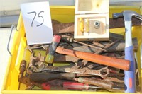 LARGE FLAT OF OLD TOOLS, SOME NEWER, HAMMERS, ETC