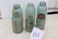 7 BLUE GREEN BALL JARS VARIOUS YEARS, ALL 7-9 INCH