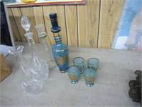 BLUE DRINK SET AND ASST. DECANTERS