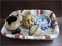 BASKET OF POTTERY ITEMS