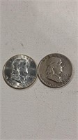 2 Ben Franklin Silver Half Dollars -1963D, 1954P