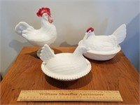 Milk Glass Hens on a Nest & Rooster 3pcs Chipped