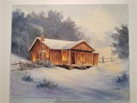 Dorothy Dent Oil Painting Cabin Winter Signed