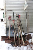 ASSORTED SHOVELS, AXES, PICK, ETC.