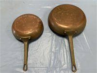 (2) EARLY COPPER PANS WITH BRASS HANDLES