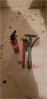 Ridgid pipe wrench, air pump, fire extinguisher