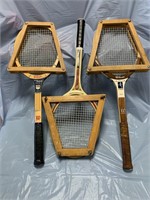 (3) EARLY WOOD HANDLE TENNIS RAQUETS WITH GUARDS